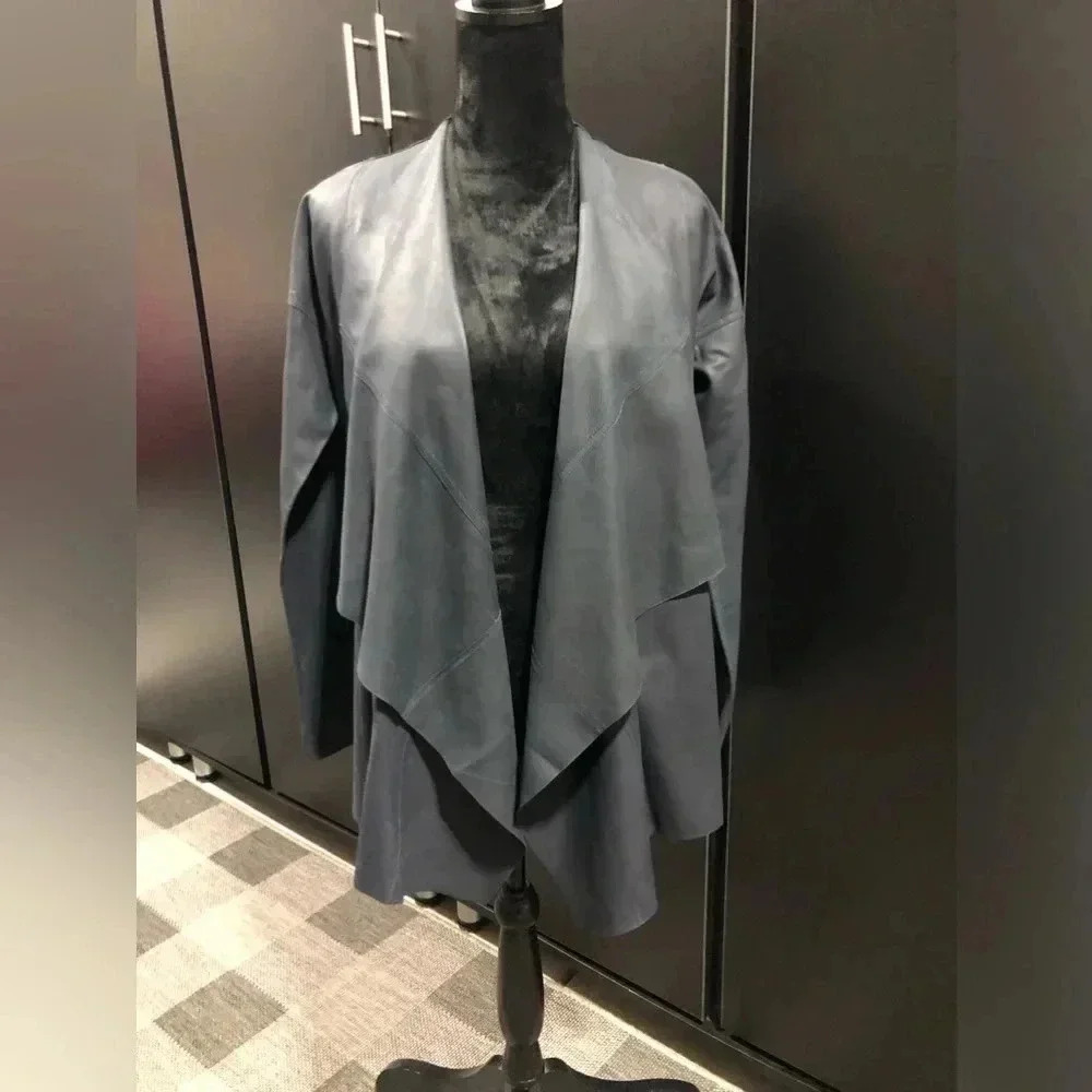 Bagatelle Genuine Leather,Waterfall Drape, Open front,butter soft,Navy Jacket